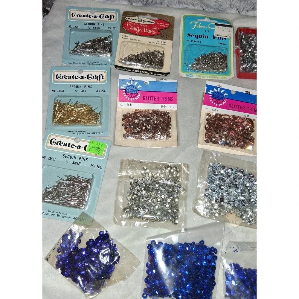 Vintage Sequin Craft Lot Glitter Trims Pins Fibre-Craft Create-a-Craft Retro